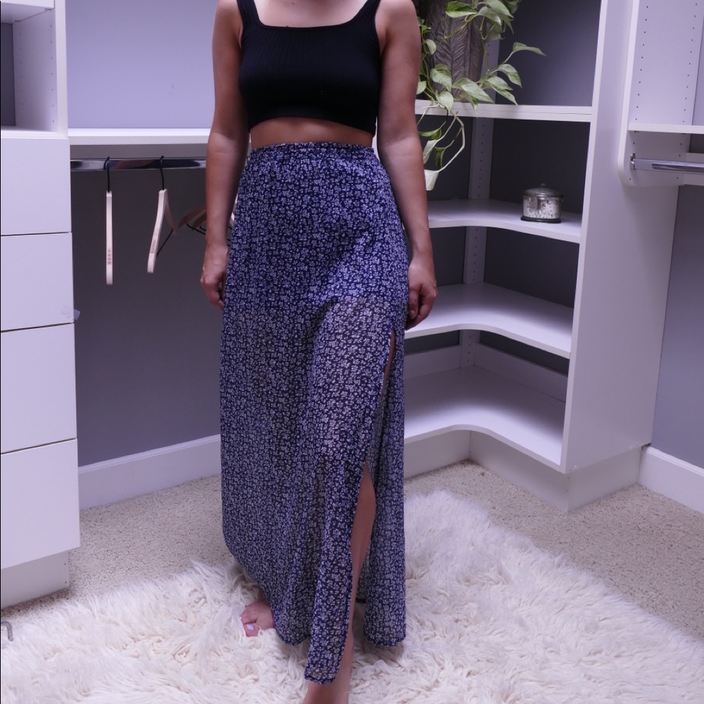 Navy Floral Chiffon Maxi Skirt with Slit